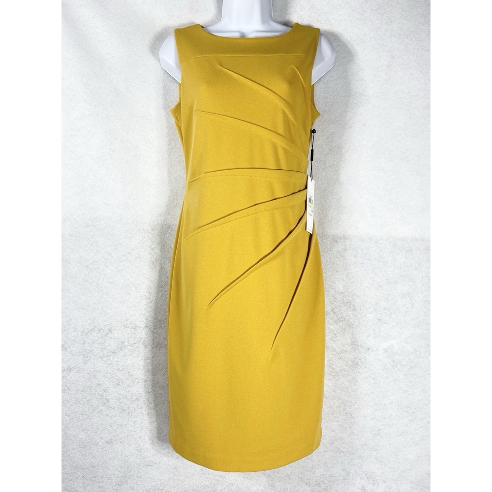 Calvin Klein Dress Women's 4 Mustard Yellow Sheath Ruched Waist Sleeveless New